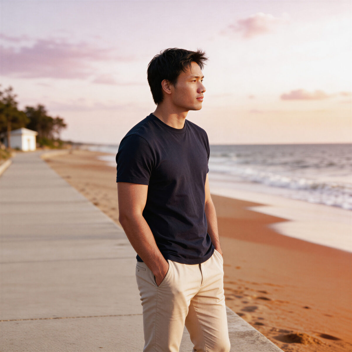Man in casual clothes standing on beach at sunset, looking confident