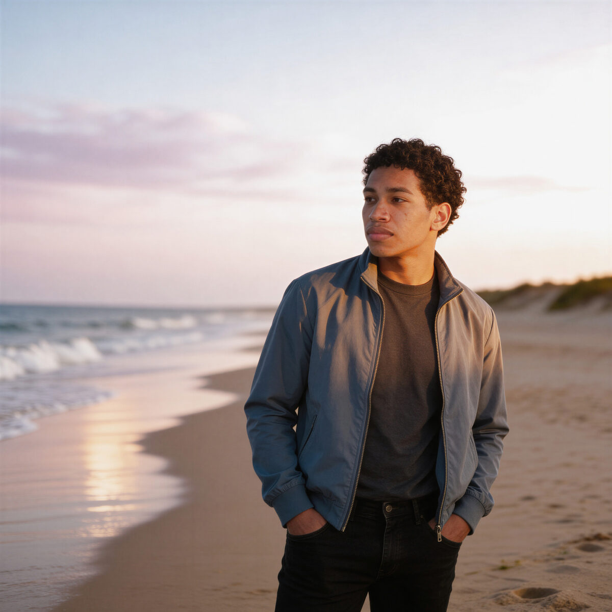 Man standing on a beach at sunset with hands in pockets, looking away