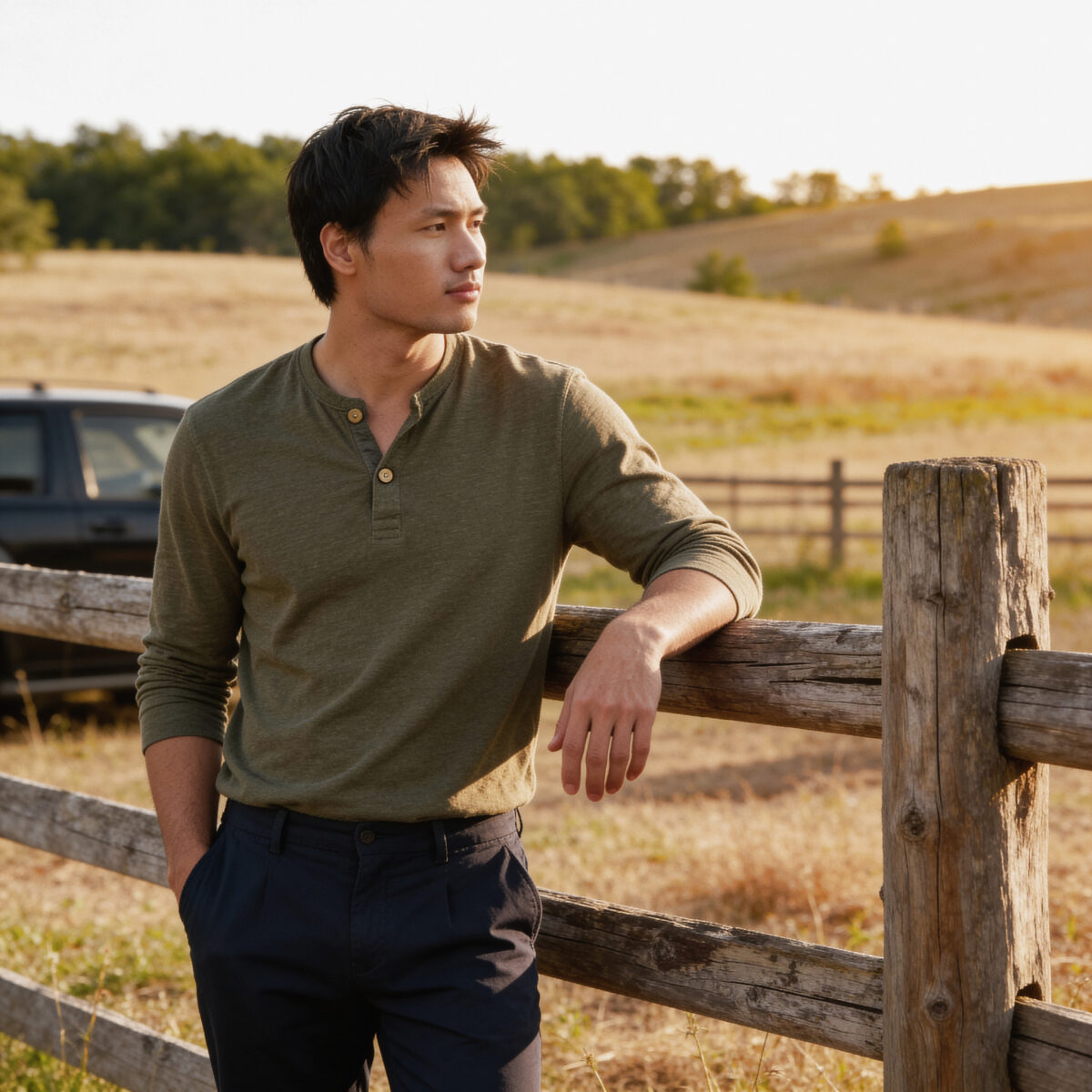 Man leaning on wooden fence in a sunlit field, looking thoughtful