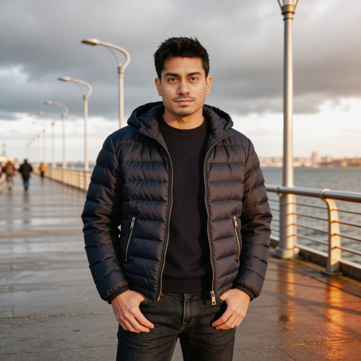 Man in navy puffer jacket standing confidently on a pier at sunset