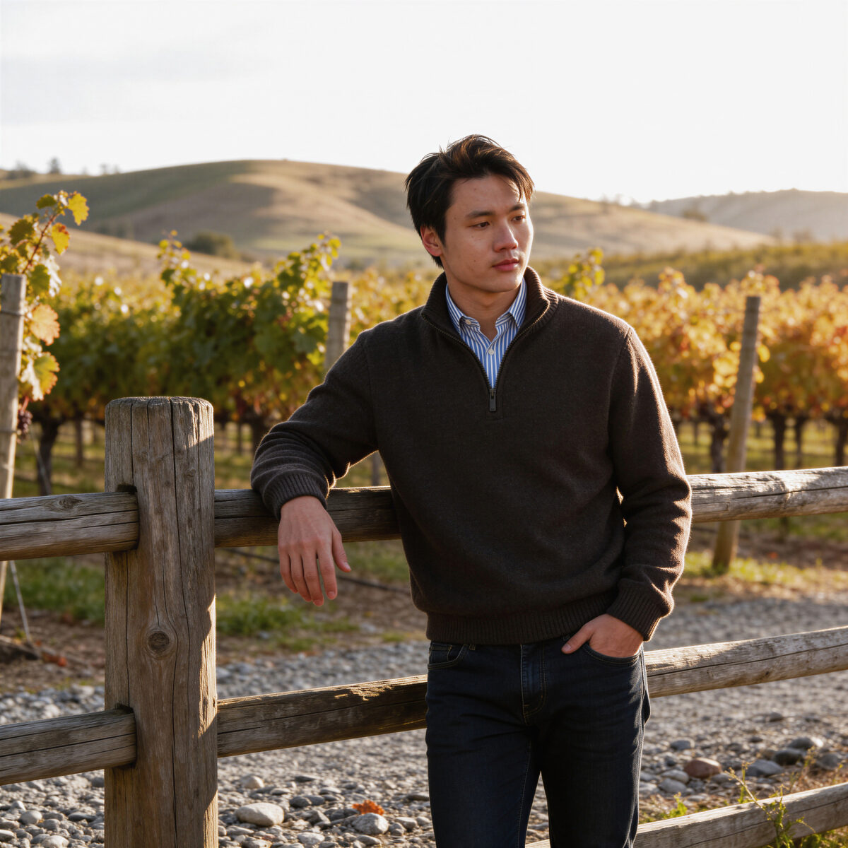 Man leaning on wooden fence in vineyard at sunset, casual outfit, relaxed pose