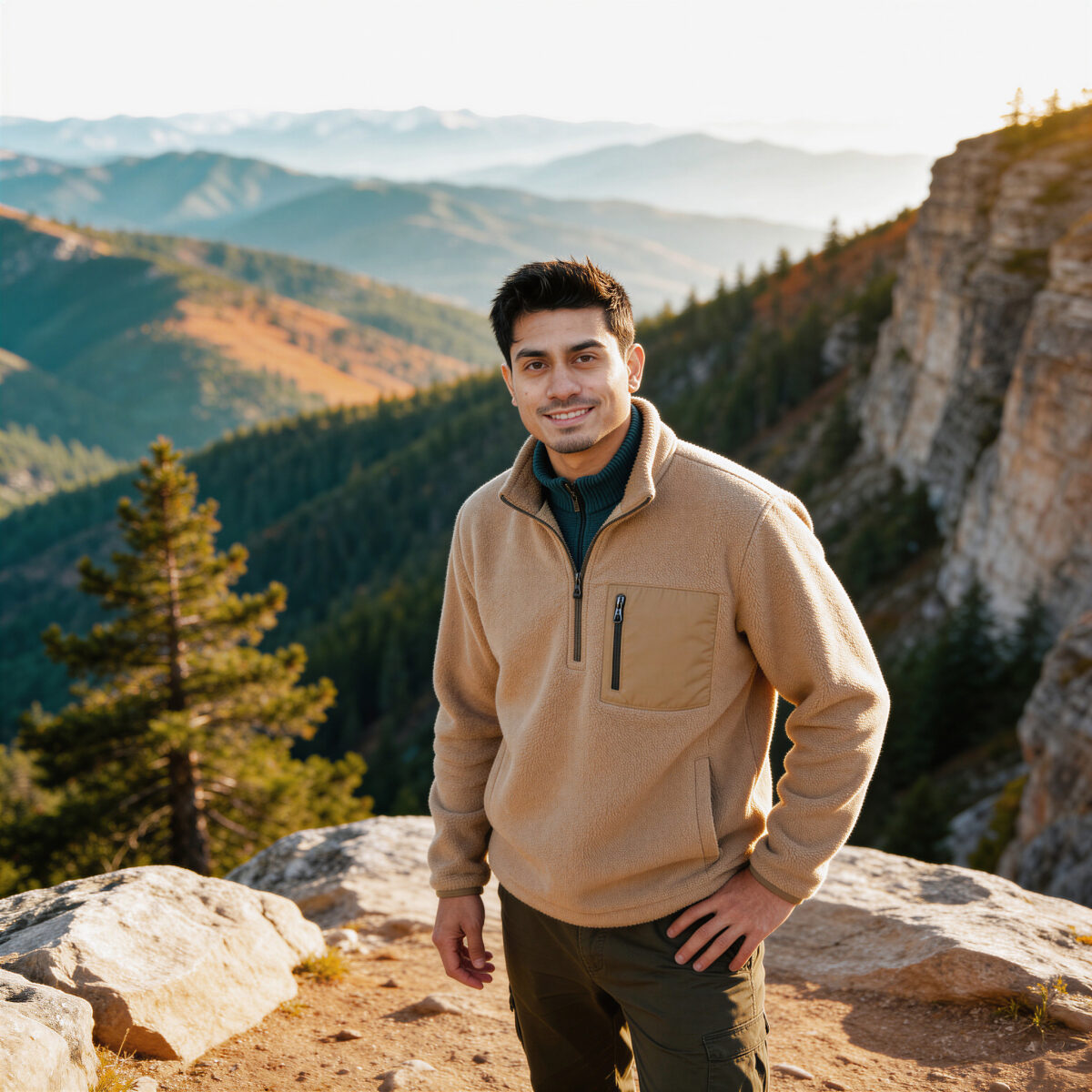Man smiling in tan fleece against scenic mountain landscape at sunrise