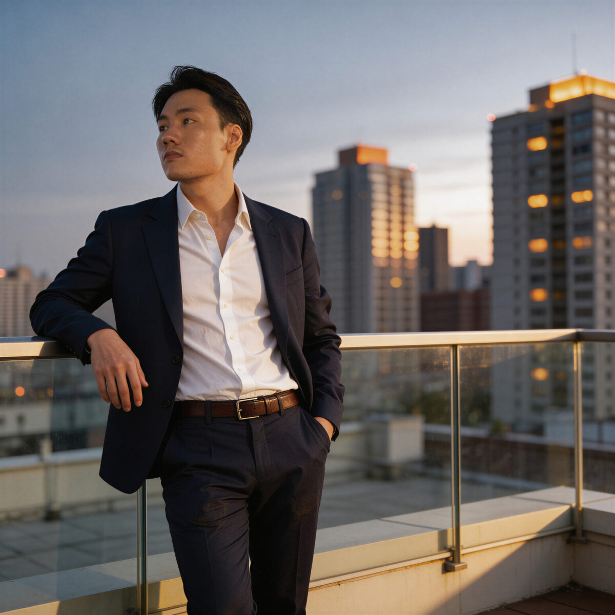 Man in suit on rooftop at sunset, looking confident for dating profile