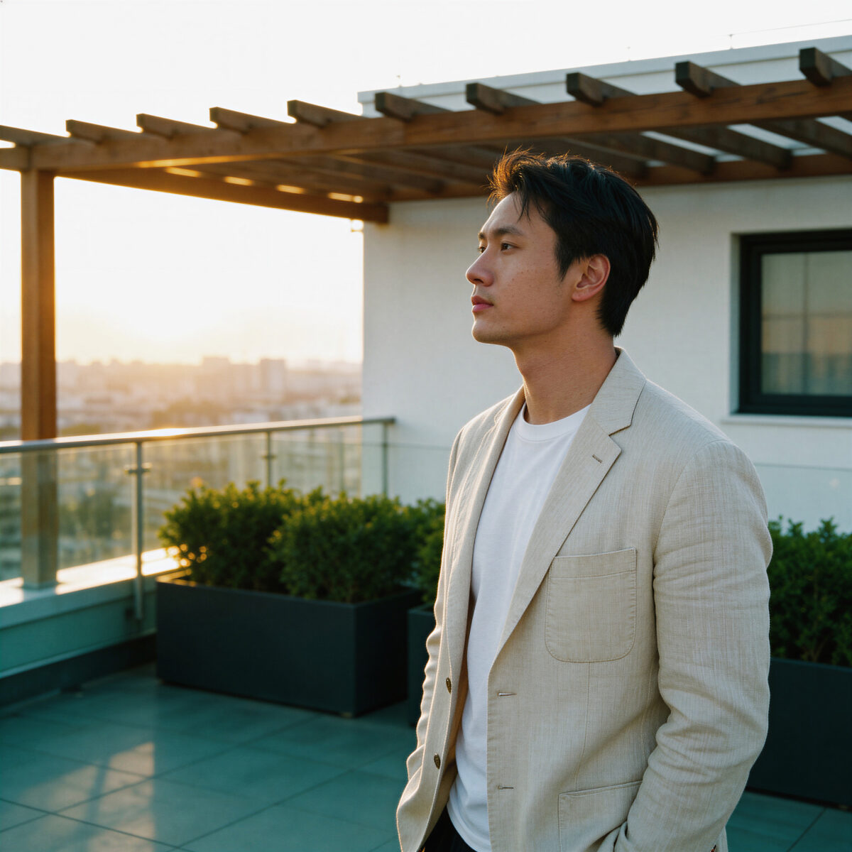 Man in beige blazer on rooftop at sunset, looking confident and stylish