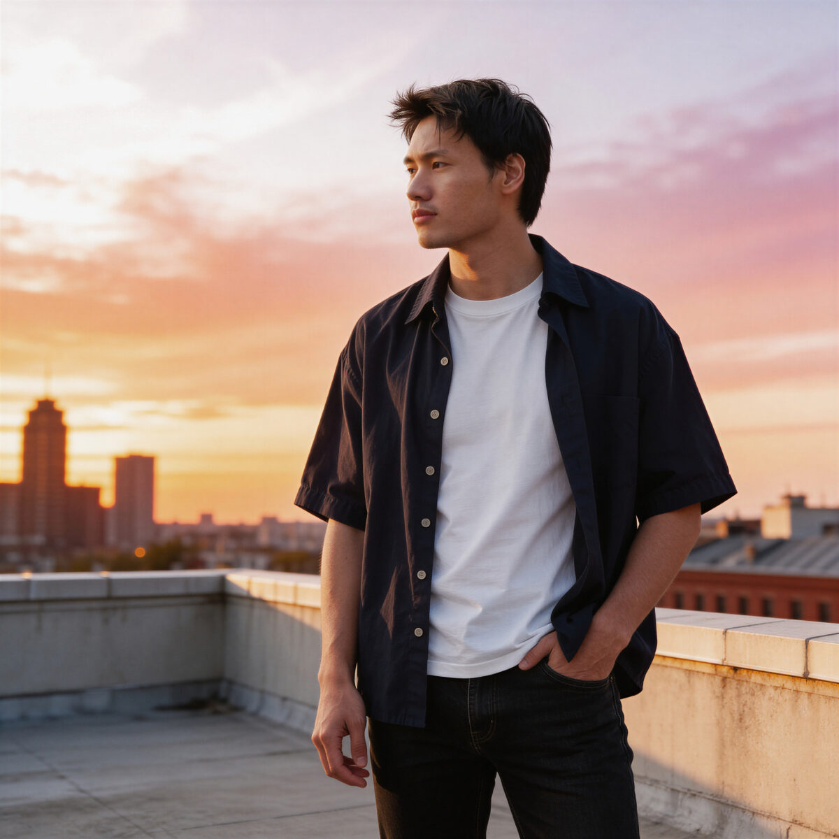 Man standing on rooftop at sunset, casual outfit, city skyline in background